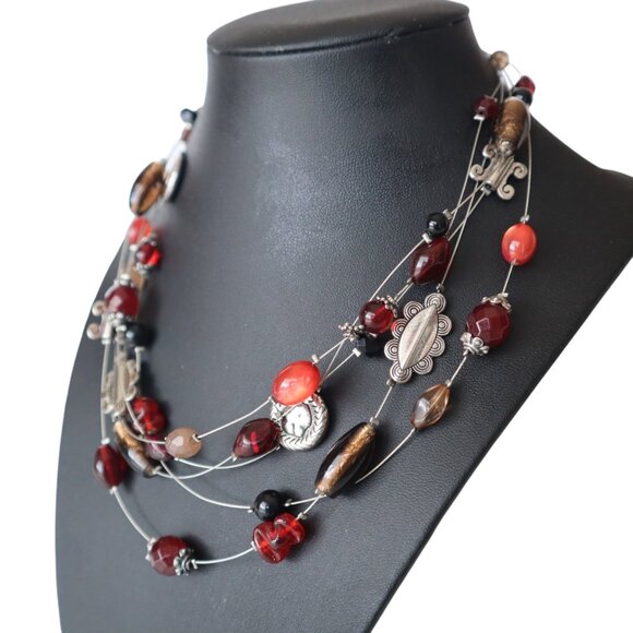 Multi-Strand Red & Brown Beaded Necklace With Silver-Tone Accents - Picture 2 of 5